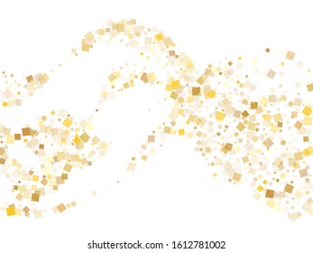 Trendy gold confetti sequins tinsels falling on white. Shiny holiday vector sequins background. Gold foil confetti party glitter texture. Many particles invitation backdrop.