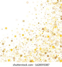 Trendy gold confetti sequins tinsels flying on white. VIP Christmas vector sequins background. Gold foil confetti party explosion graphic design. Rhombus particles invitation backdrop.
