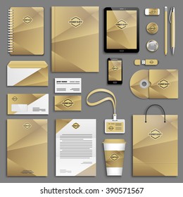 Trendy gold Corporate identity template set. Business stationery mock-up with logo. Branding design. Gold geometric background.