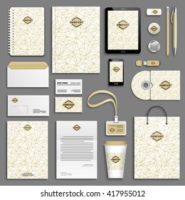 Trendy gold Corporate identity template set. Business stationery mock-up with logo. Branding design. Geometric background.
