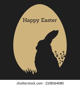Trendy gold Easter card with silhouette of hare in the shape of big egg, cute Easter egg with bunny on grass template