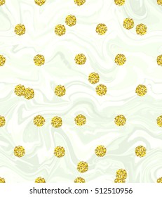 Trendy gold glitter polka dot vector seamless pattern tile. Great texture with golden middle-size dots on tony light marble background.