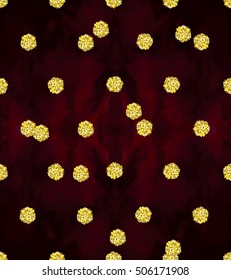 Trendy gold glitter seamless polka dot pattern. Great texture with golden middle-size dots on solid burgundy marsala wine velvet background.