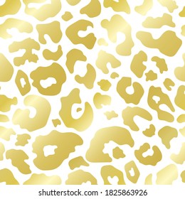 Patrón abstracto y sin fisuras del leopardo dorado de moda. Textura metálica dorada de piel de chita salvaje sobre fondo blanco para diseño de impresión de moda, textil, cubierta, envoltura, papel pintado. Ilustración vectorial.