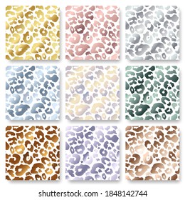 Trendy gold leopard abstract seamless pattern set. Vector Wild animal cheetah skin golden, silver, bronze, rose gold metallic texture on white background.