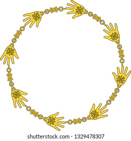 Trendy gold medallions as handpalms and gemstone pendants with chains, straps and ropes. Jewelry Luxurious accessories. Fashon collection for woman. Outline Flat vector on white background.
