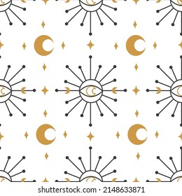 Trendy gold pattern eye moon geometry on white background. Magic poster. Texture, background, pattern.  Design element. Mystical vector illustration. 
