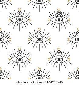 Trendy gold pattern eye moon geometry on white background. Magic poster. Texture, background, pattern.  Design element. Mystical vector illustration. 