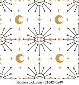 Trendy gold pattern eye moon geometry on white background. Magic poster. Texture, background, pattern.  Design element. Mystical vector illustration. 