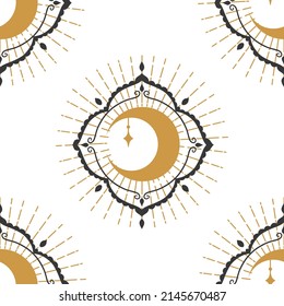 Trendy gold pattern with moon geometry on white background. Magic poster. Texture, background, pattern.  Design element. Mystical vector illustration. 