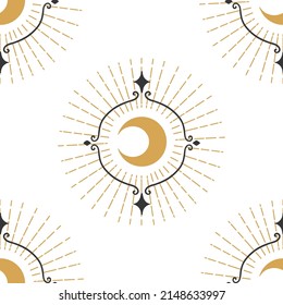 Trendy gold pattern with moon geometry on white background. Magic poster. Texture, background, pattern.  Design element. Mystical vector illustration. 