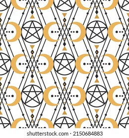 Trendy gold pattern with moon geometry on white background. Magic poster. Texture, background, pattern.  Design element. Mystical vector illustration. 