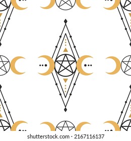 Trendy gold pattern with moon geometry on white background. Magic poster. Texture, background, pattern.  Design element. Mystical vector illustration. 