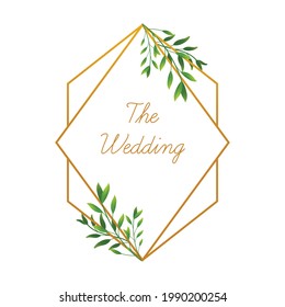 
Trendy gold polygonal frame wedding label with leaves, golden polygonal, geometric,
shapes, floral