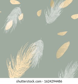  trendy gold textured olive background and delicate hand drawn feathers element