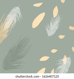  trendy gold textured olive background and delicate hand drawn feathers element