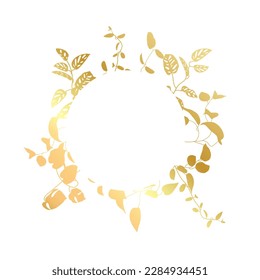 Trendy gold tropical leaves of different lian with white sheet. Card with exotic leaves frame.