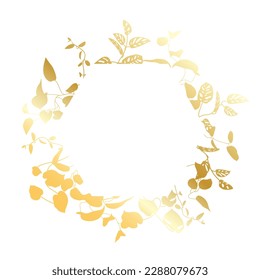 Trendy gold tropical leaves of different lian with white hexagon sheet. Card with exotic leaves frame.