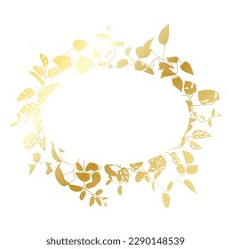 Trendy gold tropical leaves of different creepers with ellipse of white sheet. Card with exotic leaves frame of lians.