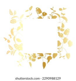 Trendy gold tropical leaves of different creepers with square of white sheet. Card with exotic leaves frame of lians.