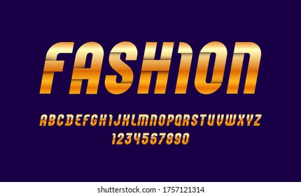 Trendy golden font, bright alphabet in the metallic style, letters and numbers, vector illustration 10EPS