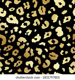 Trendy golden leopard abstract seamless pattern. Wild animal cheetah skin gold metallic gradient texture on black background for fashion print design, web, cover, wrap, wallpaper. Vector illustration.