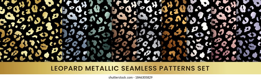 Trendy golden leopard abstract seamless pattern set. Vector Wild animal cheetah skin gold, silver, chrome, pink metallic textures on black for fashion print design, cover, wrap, wallpaper, background.