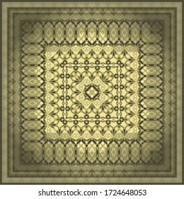 Trendy golden pattern in oriental style. Square ornament for scarves, pillows, for printing on fabric or paper. Carpet design. Frame.