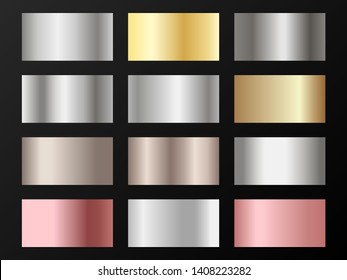 Trendy golden, platinum, bronze, rose gold gradients. Metallic foil texture silver, steel, chrome, platinum, copper, bronze, aluminum, pink gold gradient swatches.  Shiny metallic swatch templates.