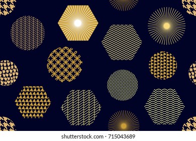 Trendy golden print with hexagons and circles. Seamless vector pattern with different geometric elements. Abstract black background with golden ornaments. Oriental textile collection.