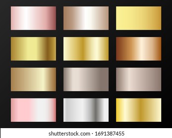 Trendy Golden, Silver, Bronze, Pink Gold Gradients. Metallic Foil Texture Silver, Steel, Chrome, Platinum, Copper, Bronze, Aluminum, Pink Gold Gradient Swatches.  Shiny Metallic Swatch Templates.
