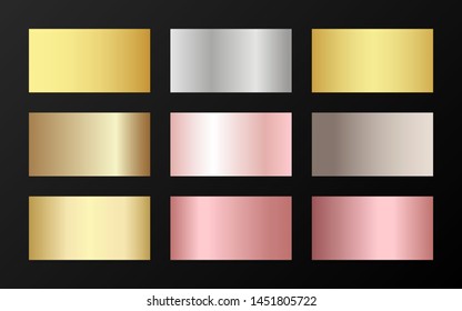 Trendy golden, silver, bronze, rose gold gradients. Metallic foil texture silver, steel, chrome, platinum, copper, bronze, aluminum, pink gold gradient swatches.  Shiny metallic swatch templates.