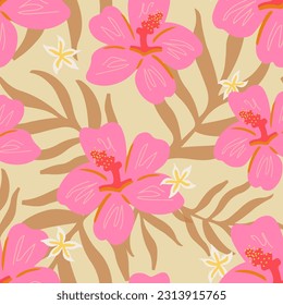 Trendy golden tropical seamless pattern. Pink and yellow tropical flowers and palm leaves on solid gold. Repeatable vector pattern for cover, cases, wallpaper, prints, wrapping, textile