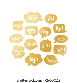 Trendy golds speech bubbles set with short popular messages: yes, thank you, bye, omg, wow, xoxo, yeah, hello. Vector illustration in circle.