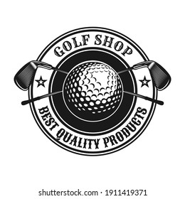 Trendy golf emblem or sticker vector illustration. Vintage label with golf ball and crossed clubs isolated vector illustration. Sport game and championship concept can be used for template