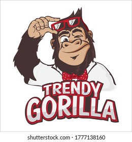 Trendy gorilla monkey vector illustration with polkadot bow tie, good for t shirt design and sticker, also mascot logo