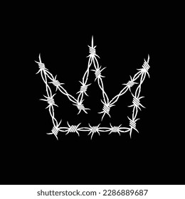 Trendy Gothic Punk Crown. Wire Barb grunge style Gothic Crown or Dark Metal sign in Y2k style. Street art grunge element. Printable vector barbed wire  Crown  template for print fabric and textile
