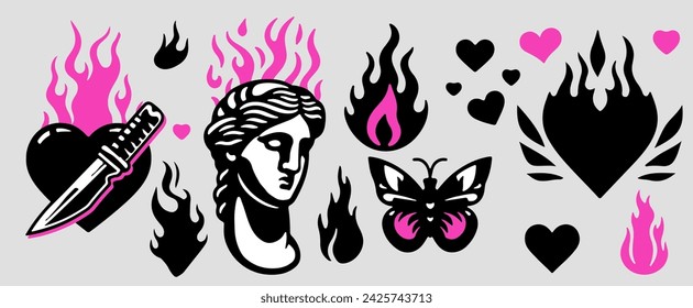 Trendy gothic style stickers with fire flames, hearts, butterfly and plaster head. Set of vector illustrations in Y2K tattoo style on pink background.