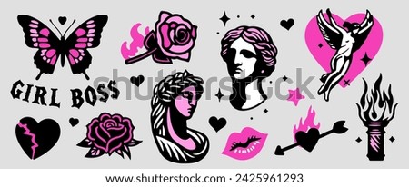 Trendy gothic style stickers with roses, hearts, butterfly and plaster heads. Set of vector illustrations in Y2K tattoo style in black and pink colors.