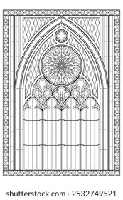 Trendy vetor gótico vitral janela com intrincados padrões florais e geométricos. Ilustração em preto e branco. Design para colorir livro, cartaz, decoração Isolado sobre fundo branco