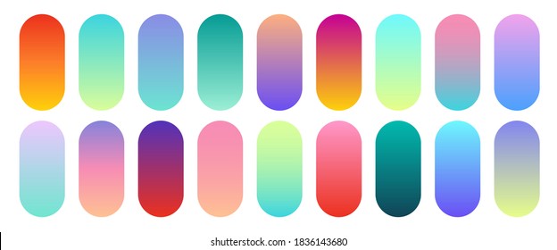 Colección de degradado de moda. Juego de botones redondos y coloridos. Colores verdes, morados, amarillos, anaranjados, rosados, cian vivos