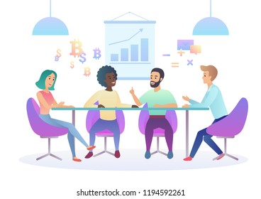 Trendy gradient color illustration of creative coworking center. Business meeting in office. Multicultural creative team. Shared working environment.