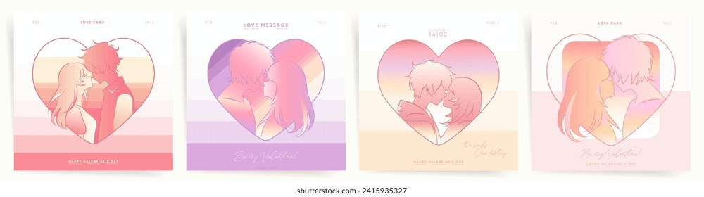 Trendy Gradient Designs Anime Couples with City Pop Vibes for Cards and Album Covers. Valentine's Day Aesthetic Y2k Square Posts.