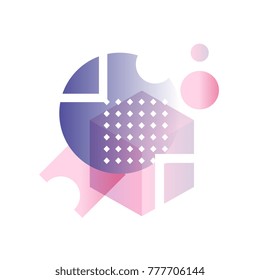 Trendy gradient geometric forms, abstract objects in pink and purple colors, design for label, presentation, poster, banner or card, modern decoration shapes and figures vector Illustration