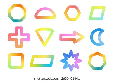 Trendy gradient geometric shapes set. Collection of rainbow color linear vector icon. 