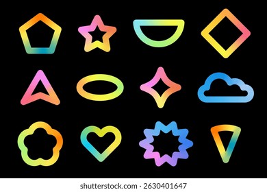 Trendy gradient geometric shapes set. Collection of rainbow color linear vector icon isolated on black background