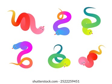 Trendy gradient snake collection. 3d icon set of cute funny snakes
