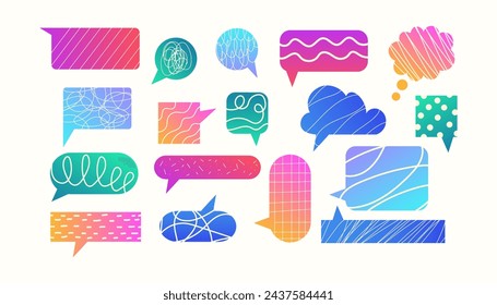 Trendy gradient speech bubbles stickers collection. Empty chat templates y2k design with scribbling inside. Vector illustration