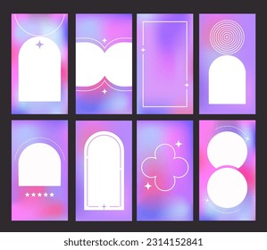 Trendy gradient stories template set. Vertical banners with minimalist aestetic frames on blue and violet color mix