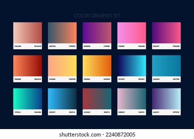 Trendy gradient swatches. Collection palettes of gradient swatches for business infographic, social media, mobile app, flat web design, backgrounds. Set of multicolored gradients. Vector Illustration